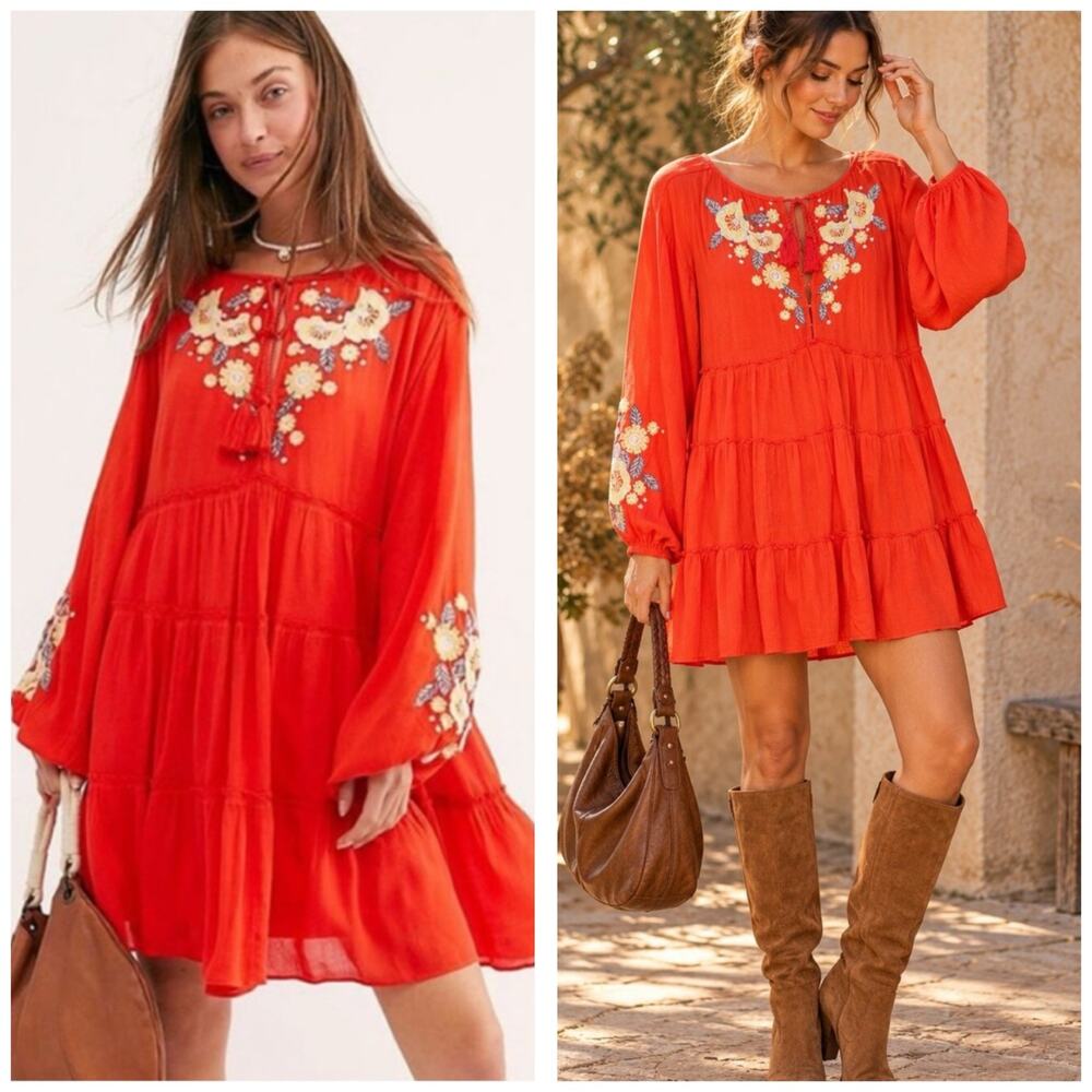 Free People Spell On You Poppy Red Floral Embroidered Peasant Dress Small Boho